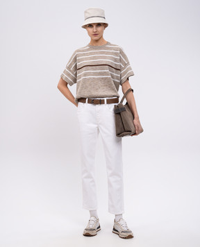 Brunello Cucinelli Бежевий топ з льоном в смужку з люрексом M8Q230820