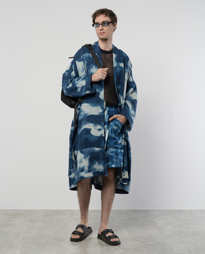 Jan Jan Van Essche Синій подовжений кардиган на запах з льону в абстрактний принт KIMONO14LINENTWILL