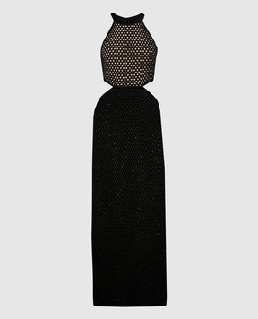 Twinset Черное ажурное платье макси с леном с кристаллами 241TT3080
