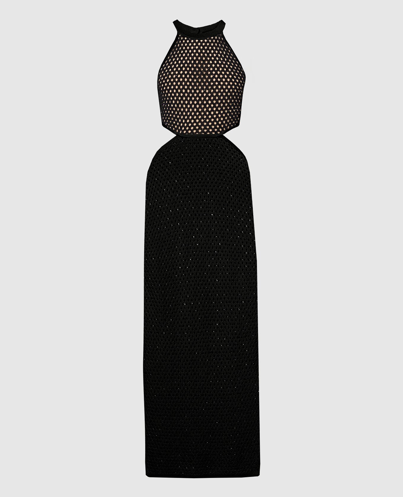 Black openwork maxi dress in linen with crystals