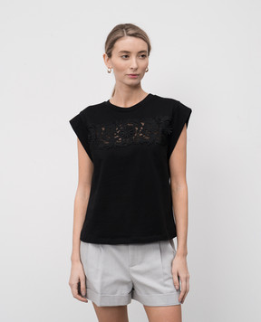 Twinset Черная футболка с кружевом с вышивкой логотипа 251TP2073