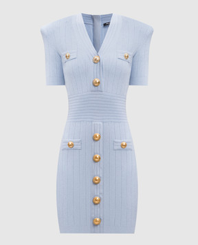 Balmain Блакитна сукня-футляр міні з брендованою фурнітурою EF1R6045KB07