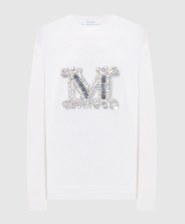 美品△Max Mara マックスマーラ 2421366232 VICOLO ヴィコロ ウール カシミヤ 白タグ Mロゴ ビジュー・スパンコール装飾 長袖 ニット セーター ホワイト XS 正規品 レディース 定価158,400円 Max Mara - Белый свитер VICOLO из шерсти и кашемира с логотипом
