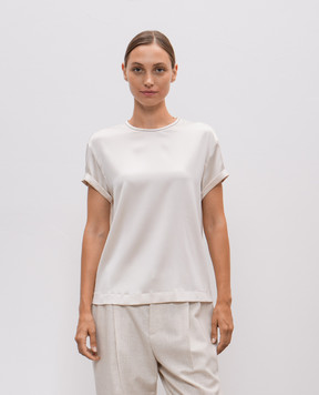 Brunello Cucinelli Бежевий топ із шовку з відворотами M0C59DE310