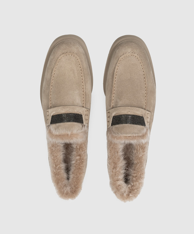 Brunello Cucinelli Бежеві замшеві лофери на хутрі з ланцюжком моніль MZSFG2569 зображення 4