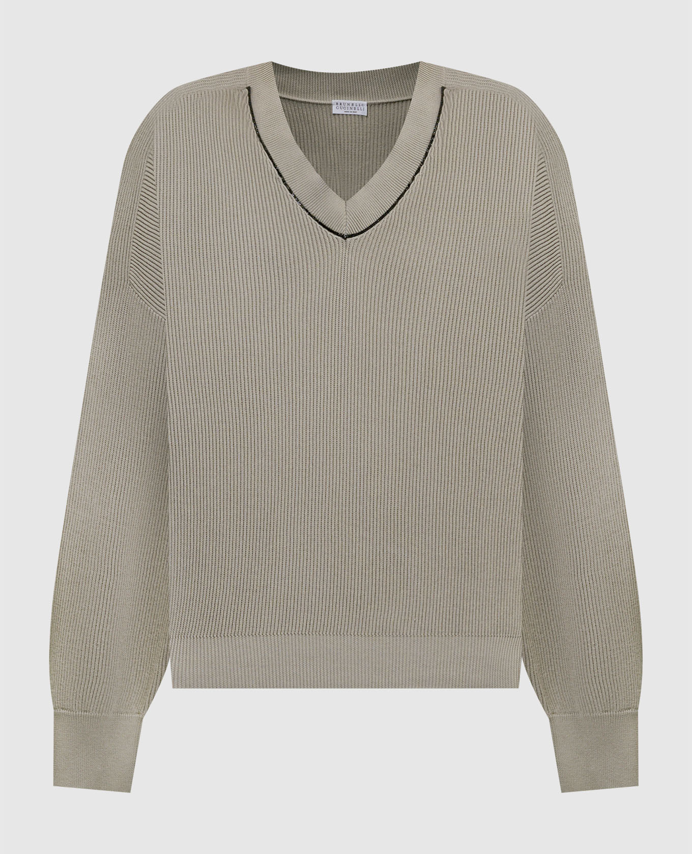 Gray ribbed pullover with monil chain