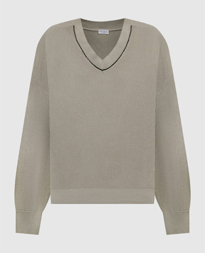 Brunello Cucinelli Сірий пуловер в рубчик з ланцюжком моніль M19195902