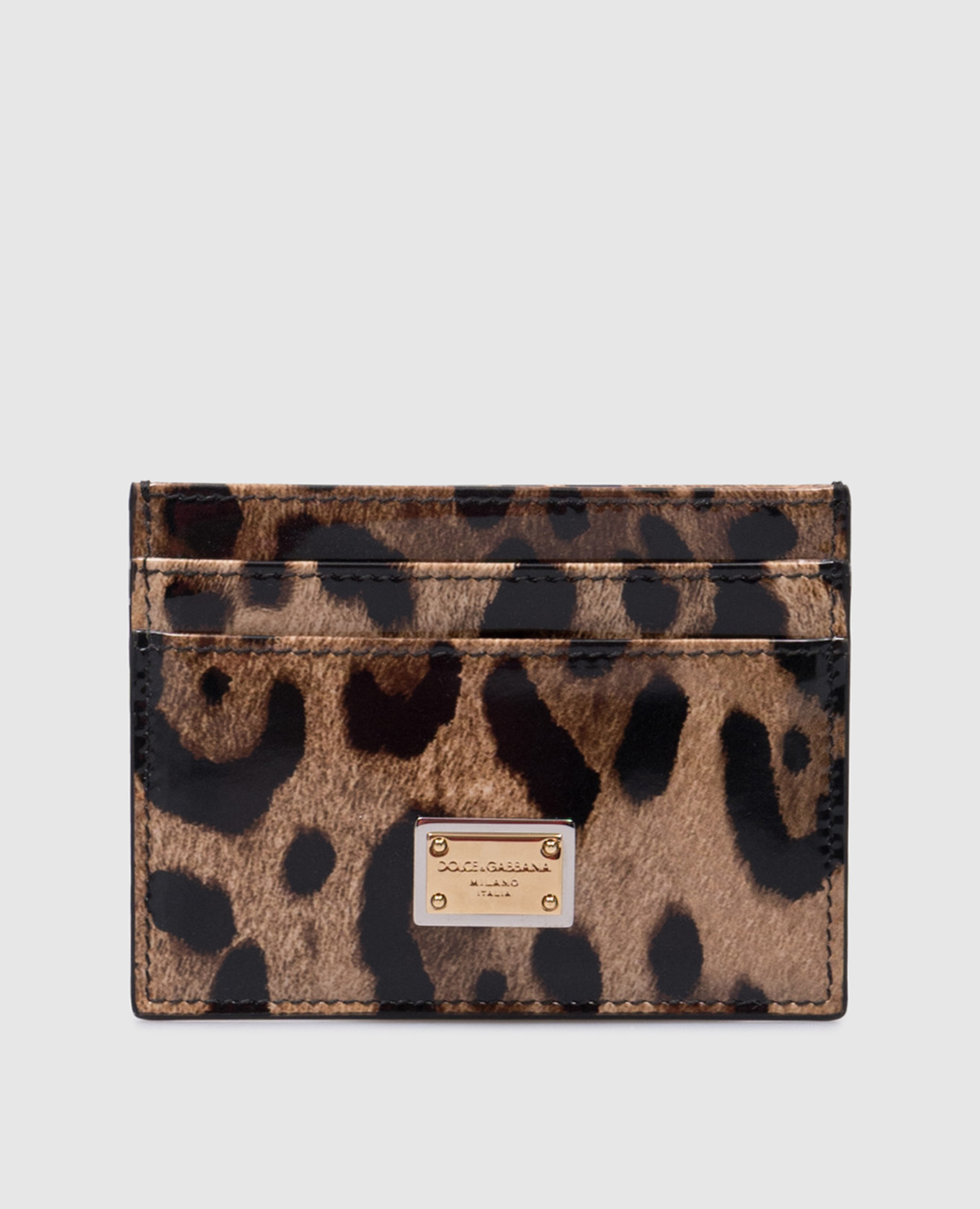 

Коричневый кожаный глянцевый картхолдер с металлическим логотипом в анималистическом принте., Портмоне