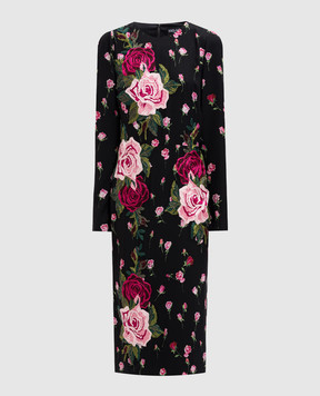Dolce&Gabbana Черное платье из шелка в цветочный принт с вышивкой F66R6ZFSATS
