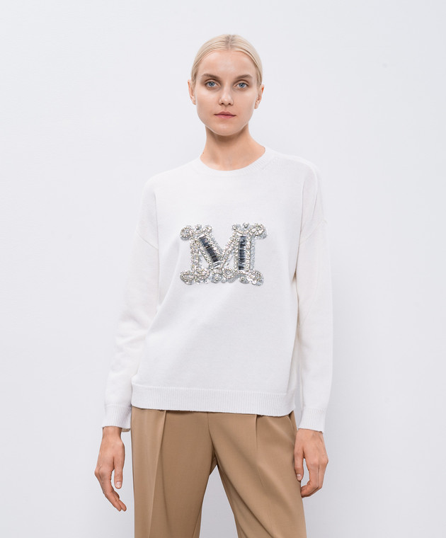 美品△Max Mara マックスマーラ 2421366232 VICOLO ヴィコロ ウール カシミヤ 白タグ Mロゴ ビジュー・スパンコール装飾 長袖 ニット セーター ホワイト XS 正規品 レディース 定価158,400円 Max Mara（マックスマーラ） セーター PALATO VICOLO パラート