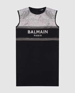 Balmain Детское черное платье с логотипом с кристаллами 6Q1012J00061216