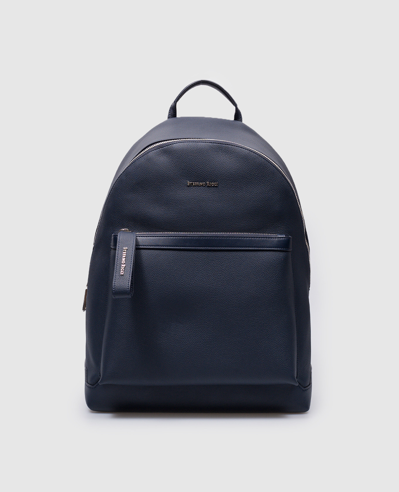 Blue leather backpack with metal logo