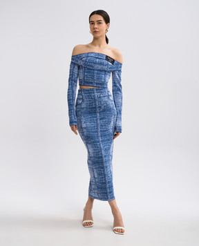 Balmain Синя спідниця міді у візерунок з нашивкою логотипа EF1LD475KH80