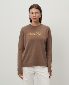 Max Mara Коричневый свитер KASSEL из шерсти и кашемира с логотипом из кристаллов KASSEL