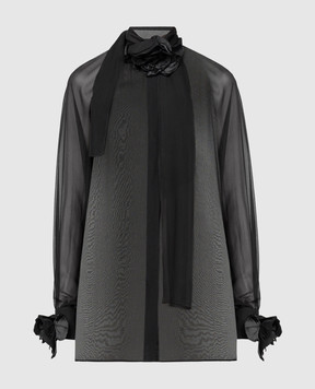 Dolce&Gabbana Чорна блуза із шовку з квітковою аплікацією F5S25TFU1AT