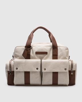 Brunello Cucinelli Бежева дорожня сумка з льоном з логотипом MBLRU323P