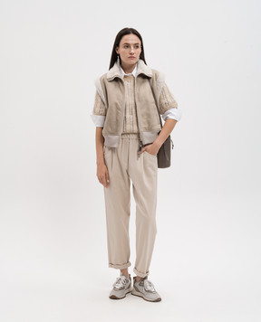 Brunello Cucinelli Бежевый ажурный топ из шерсти с пайетками MCM510600P