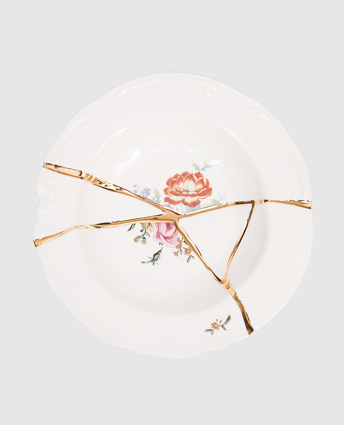 

Белая фарфоровая суповая тарелка Kintsugi с позолотой 24 карата с цветочным принтом, Белый, Посуда
