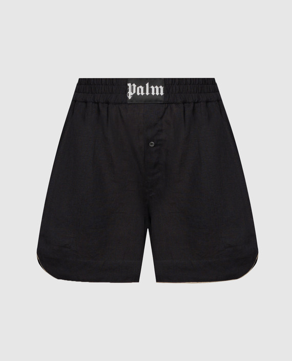 Black linen shorts with logo patch