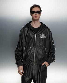 Off-White Черная кожаная куртка с логотипом OMJA133S24LEA001