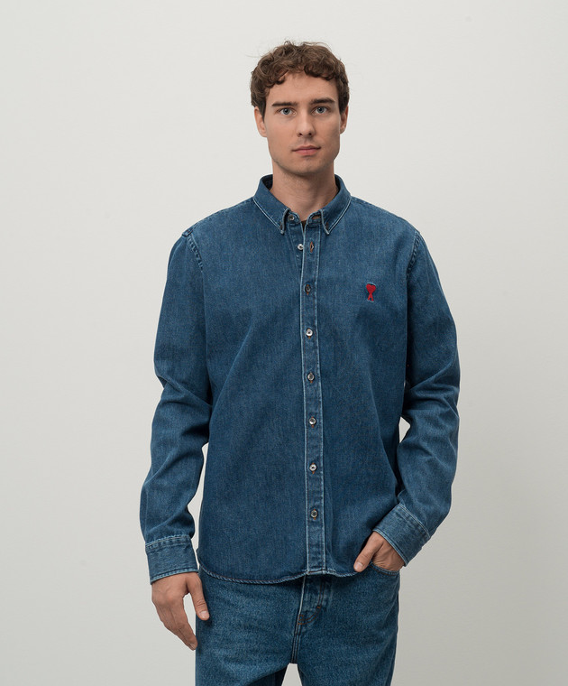 Ami Paris - Синяя джинсовая рубашка с вышивкой Ami de Coeur