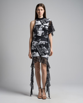 Versace Jeans Couture Черное ассиметричное платье в принт Magazine 76HAO9D7JS293