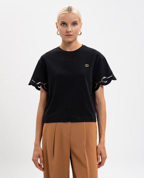 Twinset Чорна футболка з квітковою вишивкою 252TP2500
