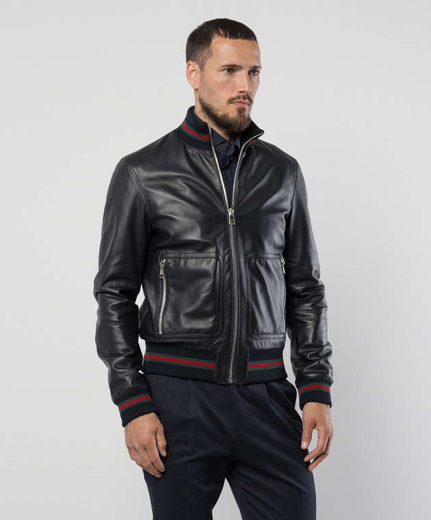 Gucci Синяя кожаная куртка с тиснением логотипа JACKETLEATH изображение 3