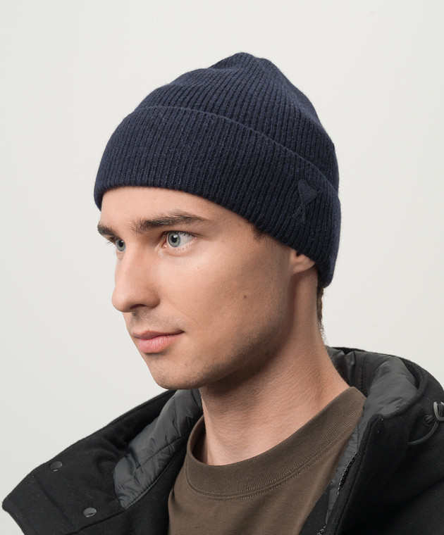 Ami Paris Синяя шапка из кашемира и шерсти с вышивкой Ami de Coeur UHA107005 изображение 2