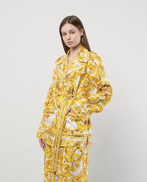 Dolce&Gabbana Белая блуза из шелка в принт Майолика с поясом F5Q03THI1TK