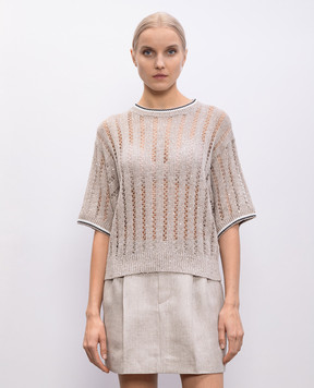 Brunello Cucinelli Бежевый топ из льна в ажурный узор с пайетками. MCO559400