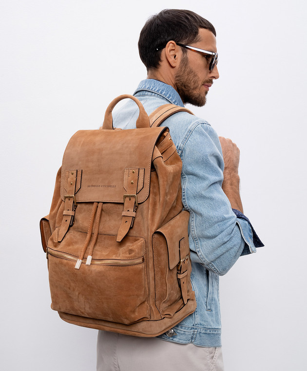 Brunello Cucinelli Коричневый замшевый рюкзак с тиснением логотипа MBWTU356 изображение 2