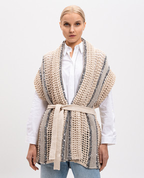 Brunello Cucinelli Бежевий ажурний жилет з льоном і шовком з паєтками M3Y372316
