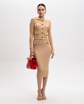 Balmain Бежева спідниця міді в рубчик з брендовими заклепками EF1LD022KI10