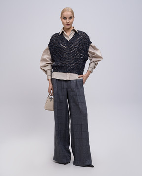 Brunello Cucinelli Серый палаццо из льна в клетку с пайетками MM633P8887