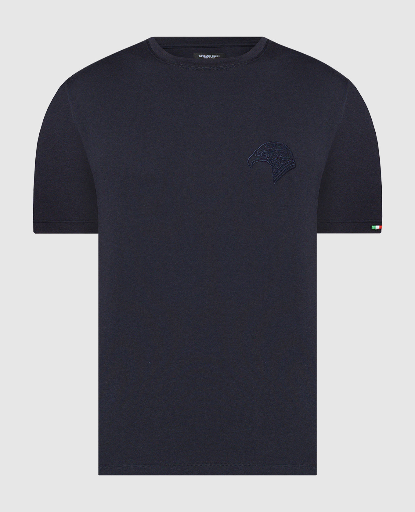 Blue t-shirt with embroidered logo emblem in the form of an eagle head