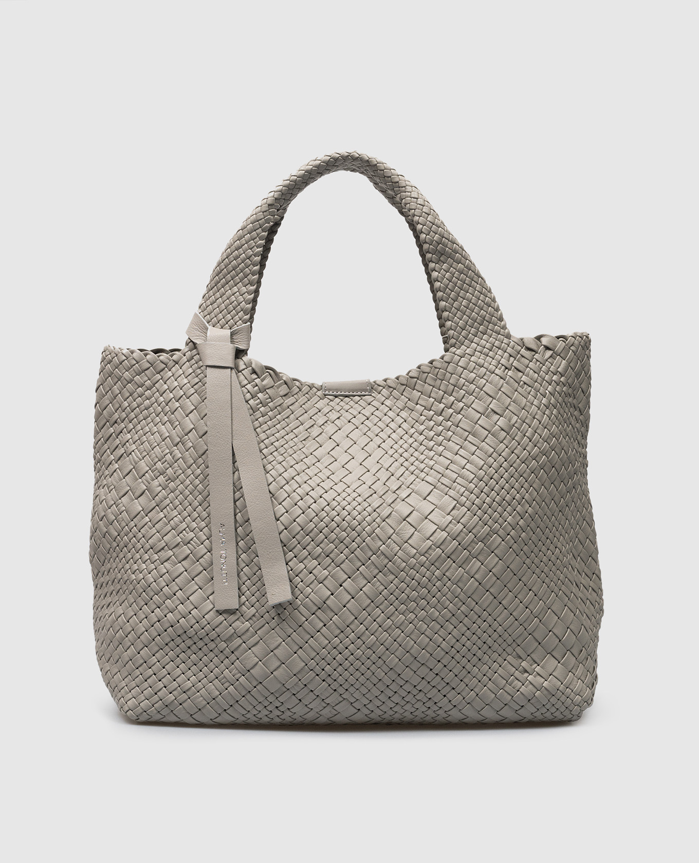 Gray leather tote bag with weaving