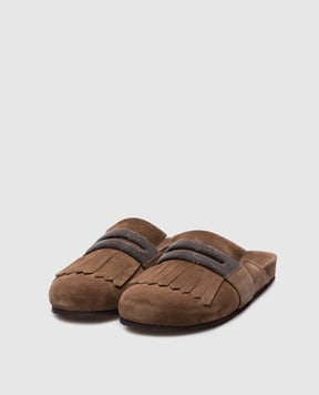 Brunello Cucinelli Коричневі замшеві мюлі з ланцюжком моніль MZSFG2877
