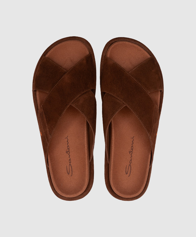 Santoni Коричневые замшевые шлепанцы с логотипом WHXA71540GOMTMGD изображение 4