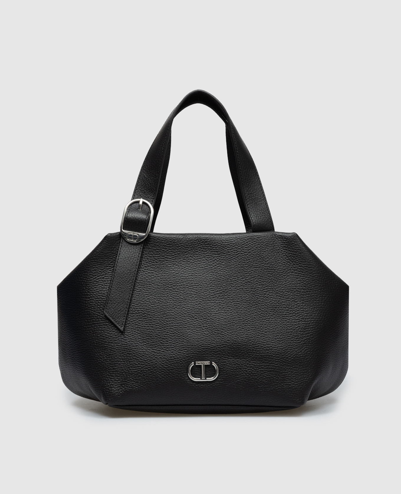 

Черная кожаная сумка с металлическим логотипом Oval T, Черный, Сумки на плечо