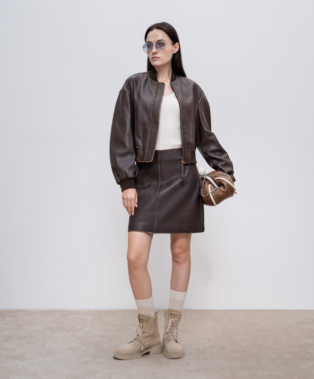 Max Mara Weekend - Коричневый кожаный бомбер HILTEX с эффектом