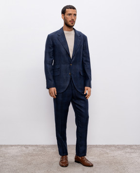 Brunello Cucinelli Синий костюм из шерсти, льна и шелка в клетку MR486LDWH