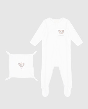 Givenchy Детский белый велюровый набор из комбинезана и платка с нашивкой H30569