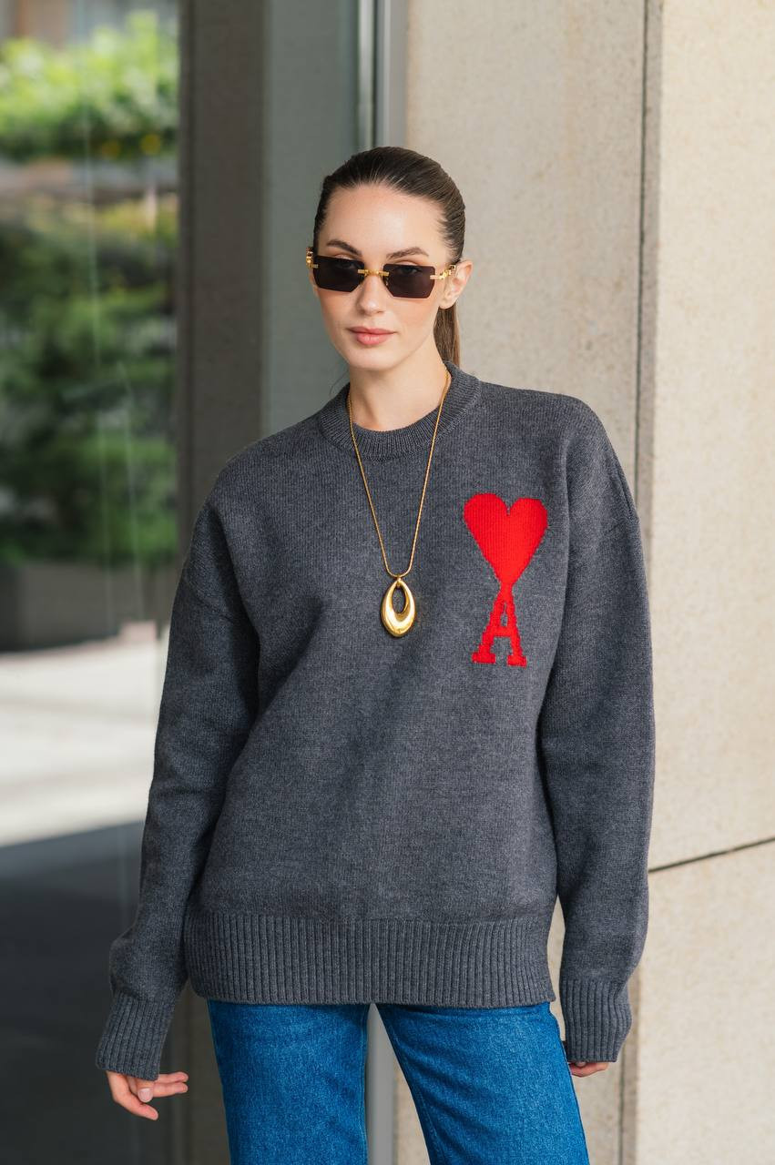 Ami Paris Серый джемпер из шерсти с узором Ami de Coeur UKS002018 изображение 6