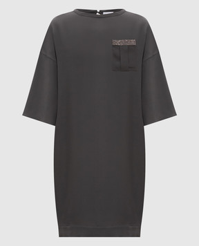 Brunello Cucinelli Серое платье из шелка с цепочкой мониль MA901A40B3