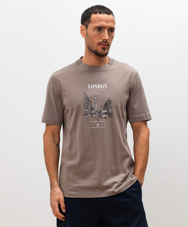 Brunello Cucinelli Коричневая футболка London с принтом M0B138456 изображение 3
