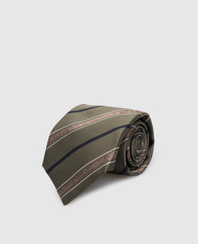 Brunello Cucinelli Галстук цвета хаки из шелка в полоску. MM8960018