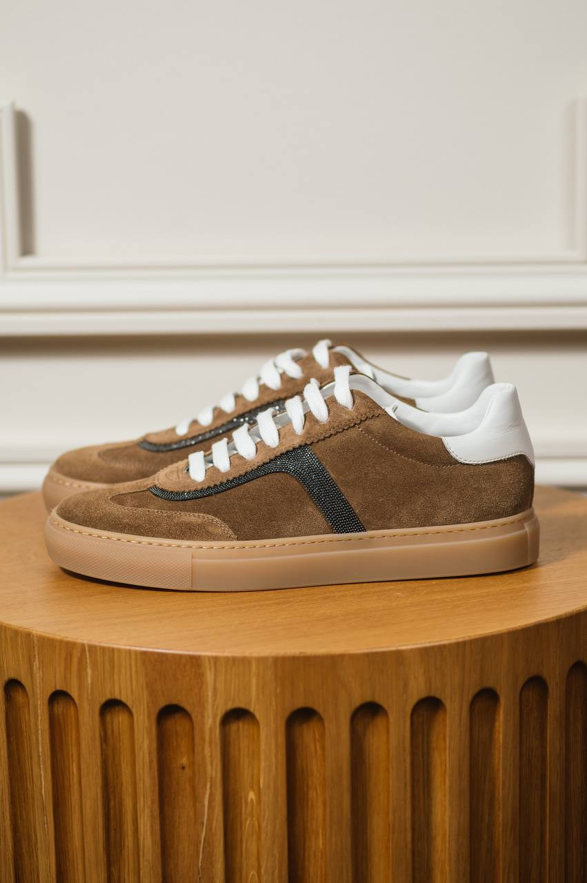 Brunello Cucinelli Коричневі замшеві кросівки з ланцюжком моніль MZSFG2908 зображення 6