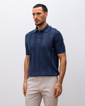 Brunello Cucinelli Синее поло с льном в тканом узоре. M2L707815