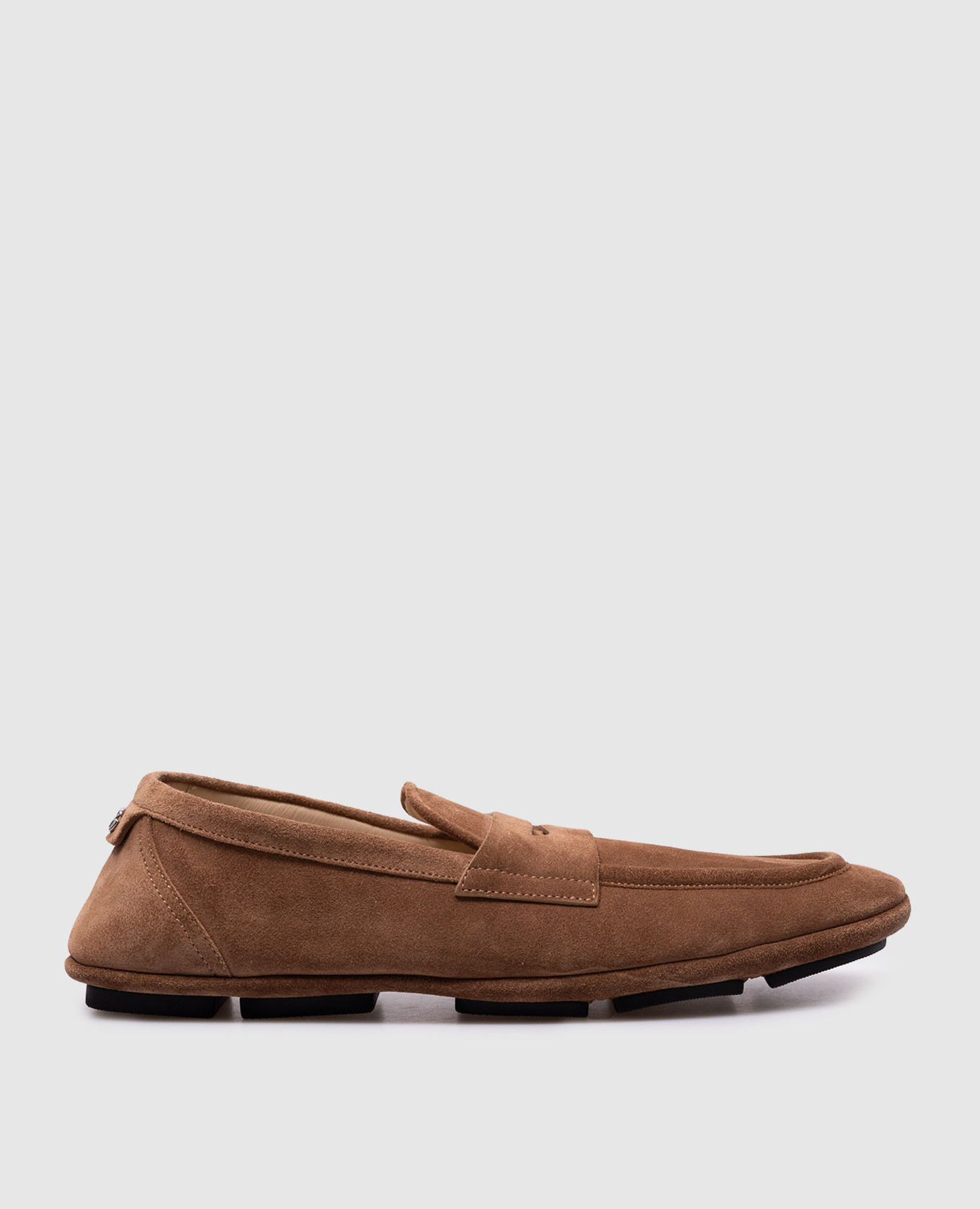 Brown suede moccasins with metallic DG logo